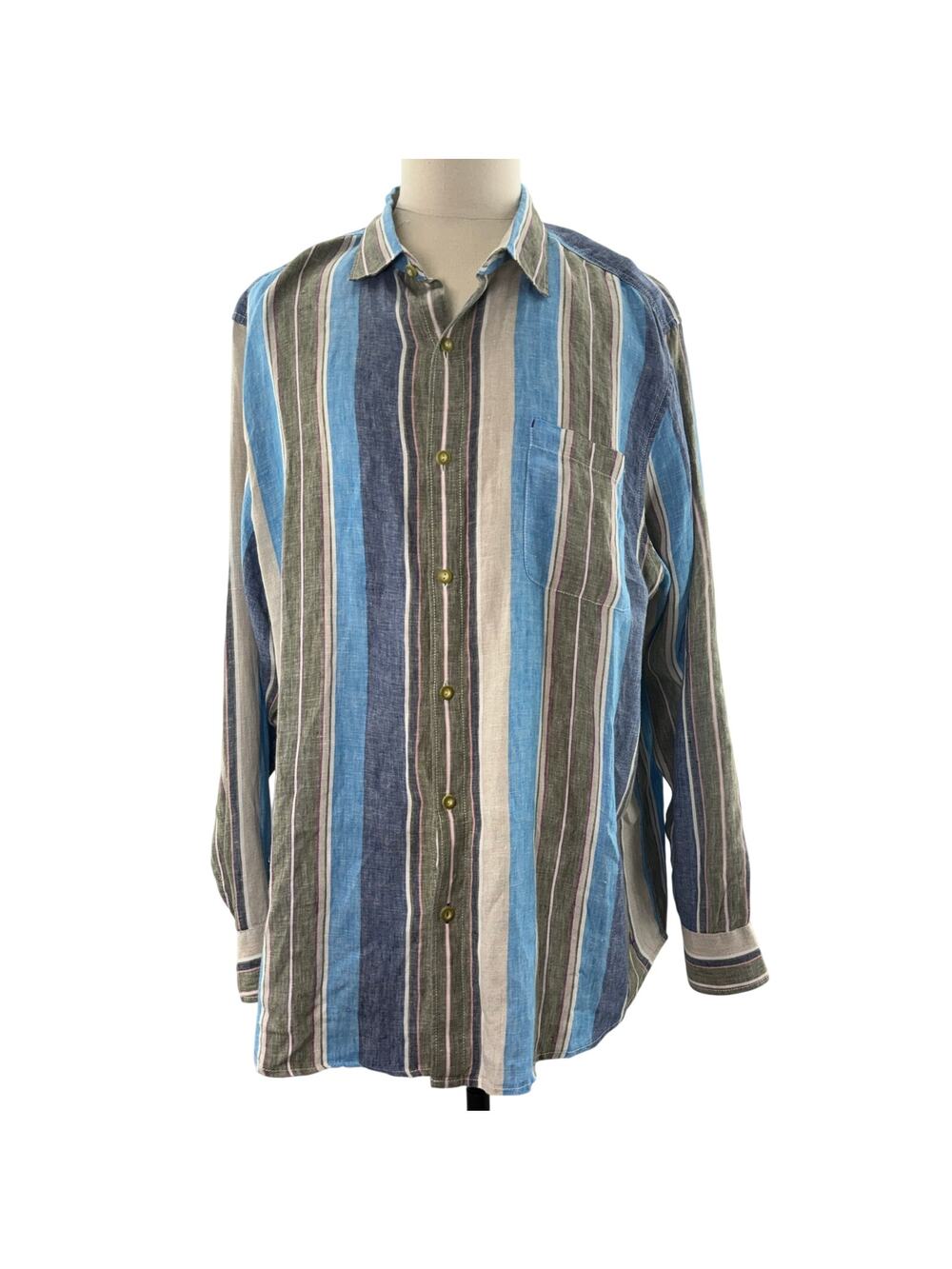 Tommy Bahama Linen Striped Shirt Men's XXL Blue Long Sleeve Button Down